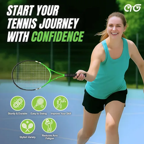 Vista 4 de Raquetas de tenis para 2 jugadores, paquete variado de dos colores con 2 pelotas de tenis, cinta de agarre, tarjetas de oferta y bolsa