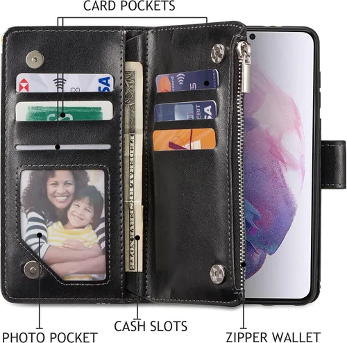 Vista 2 de UEEBAI Funda tipo cartera para Samsung Galaxy S21 FE 5G, funda de piel sintética con cierre magnético, bolsillo con cremallera, ranuras