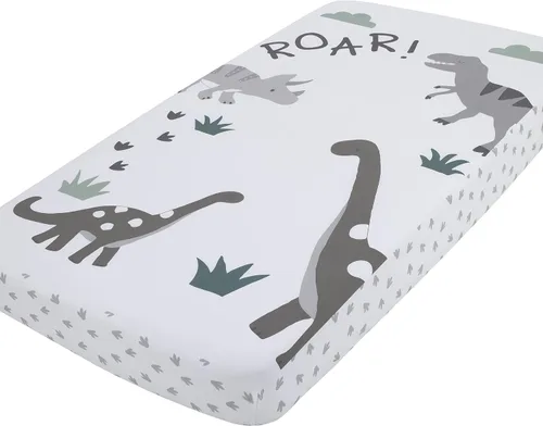Vista 6 de NoJo Sleepysaurus - Sábana bajera ajustable para cuna, 100% algodón, diseño de hojas de dinosaurio azul, amarillo, gris y blanco