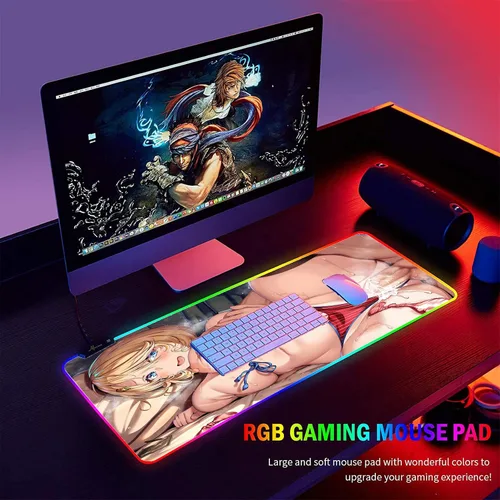 Vista 6 de Alfombrilla de mouse de anime para niña, sexy, XXL RGB, accesorios de juegos, tapete de escritorio LED, alfombrillas de juego, alfombrillas