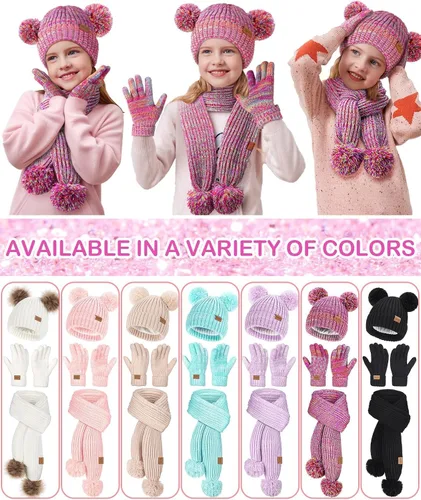 Vista 3 de Remifa Conjunto de bufanda y gorro de invierno para niños y niñas, con forro polar con pompón, bufanda larga, guantes cálidos