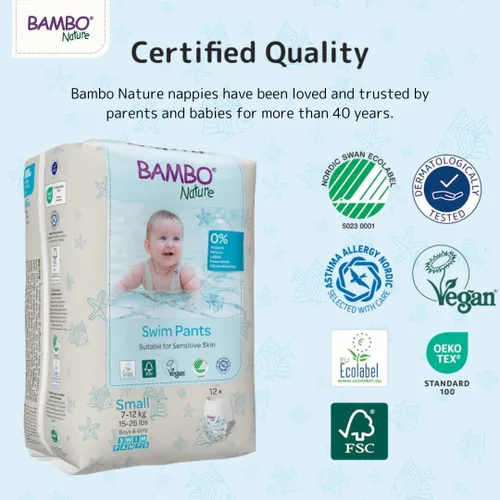 Vista 4 de Bambo Nature Pantalones de natación hipoalergénicos, pañales de natación con etiqueta ecológica, barreras de doble fuga - S (12 unidades)