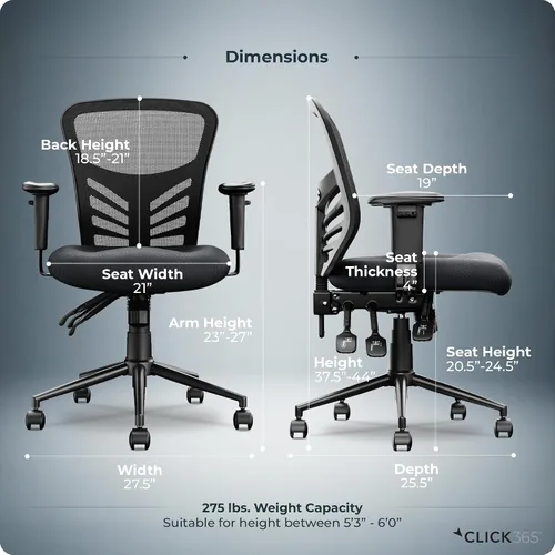 Vista 3 de Flow Silla de oficina de malla con respaldo medio, soporte lumbar, asiento acolchado extra negro