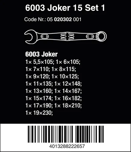 Vista 2 de 6003 Joker 15 Set 1 juego de llaves combinadas 15 piezas