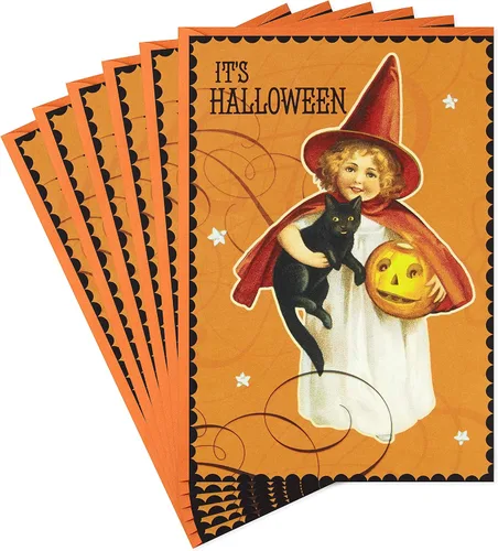 Vista 8 de Hallmark Tarjetas vintage de Halloween (8 tarjetas con sobres) Bonita bruja con gato negro y Jack-o-Lantern