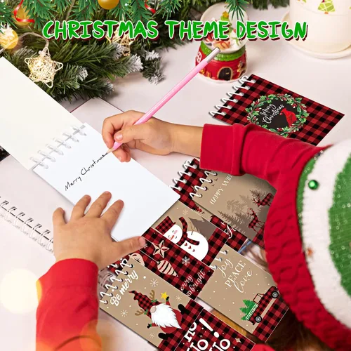Vista 7 de Funrous 24 Piezas Mini Blocs de Notas en Espiral de Navidad, Tema Navideño de Cuadros Búfalo, Mini Bloc de Notas Pequeño con Patrón de Muñeco
