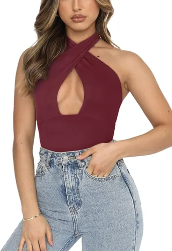 Vista 2 de REORIA Butsmooth - Camiseta ajustada sexy de moda para mujer, con cuello halter cruzado, sin mangas, para discoteca