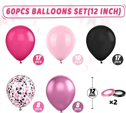 Vista 2 de Globos rosados y negros, 60 piezas de 12 pulgadas, color rosa intenso, rosa claro, negro, confeti, globos metálicos rosados para fiesta temática