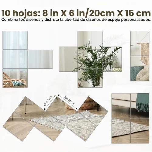 Vista 2 de Hojas de espejo flexibles de acrílico de 8 x 6 pulgadas, paquete de 10 azulejos de espejo autoadhesivos cuadrados cortables para pared, calcomanías