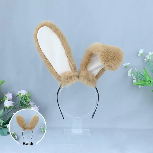 Vista 2 de ILUFAM Diadema esponjosa con orejas de conejo, orejas de conejo de felpa para cosplay, fiesta de Halloween, aro para el pelo para adultos y niños