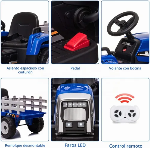 Vista 4 de Nasitip Tractor eléctrico con batería de 12 V con remolque y control remoto Azul