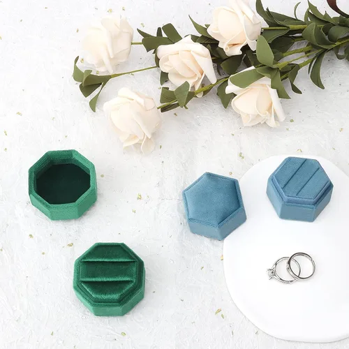 Vista 6 de Caja hexagonal DesignSter de terciopelo, portadora de anillos, hermoso estilo vintage de primera calidad, con tapa desmontable, con doble base