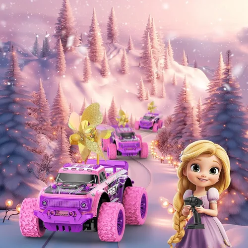 Vista 9 de Coche de Control Remoto para Niñas: Camión RC Rosa Púrpura a Escala 1:20 con Luz LED y Molinos de Viento DIY - Camiones RC Todo Terreno de 20 Km/h