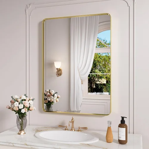 Vista 52 de JISOSO - Espejo de baño negro de 20x30 pulgadas con marco de metal negro, espejo de tocador rectangular redondeado con acabado mate para pared
