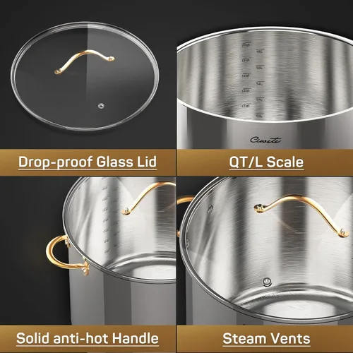 Vista 7 de Ciwete Olla de stock de 20 cuartos, olla de acero inoxidable de 3 capas con tapa, olla de sopa de 20 cuartos con asa de cobre, ollas sanas, apta