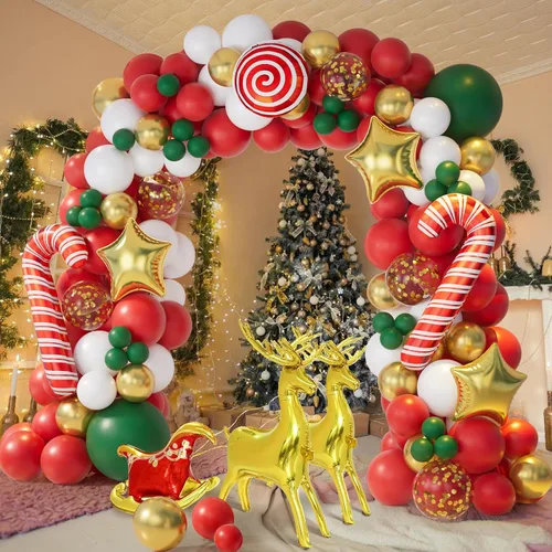 Vista 3 de AobkDeco Kit de arco de guirnalda de globos de Navidad de 138 piezas con globos rojos, verdes, dorados y blancos, globos de caramelo, globos