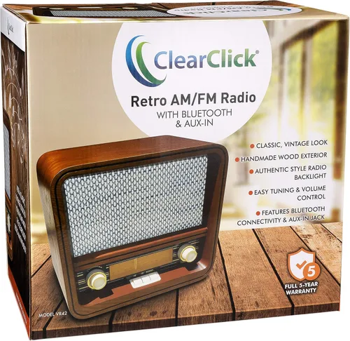 Vista 4 de ClearClick Radio AM/FM de estilo retro clásico vintage con Bluetooth y entrada auxiliar, exterior de madera hecho a mano