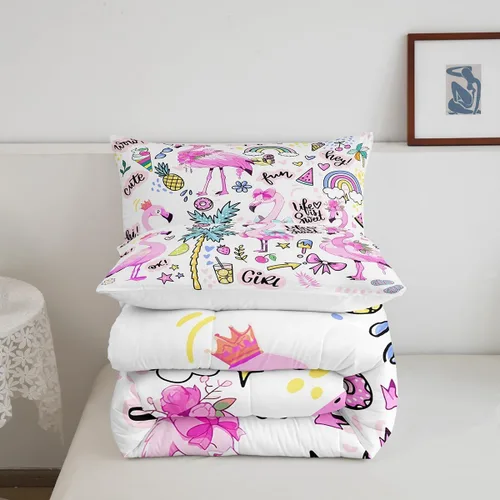 Vista 5 de Erosebridal Juego de ropa de cama de flamenco rosa para niñas y mujeres, lindo juego de edredón de flamenco de animales, tamaño individual