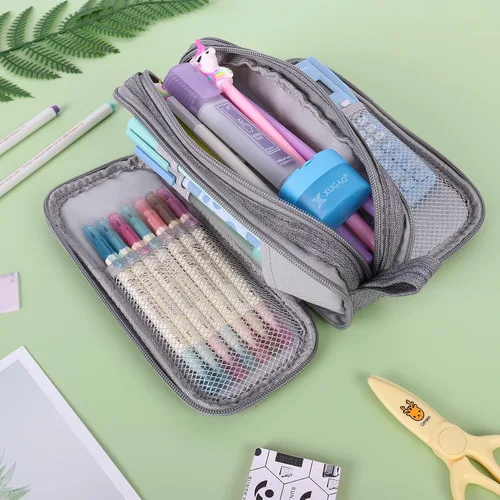 Vista 5 de Global Park Estuche para lápices, bolsa grande y bonita para suministros de regreso a la escuela, con cremallera, cartuchera escolar para niños, Gris