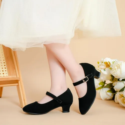 Vista 2 de Dufannie Zapatos de vestir para niñas, zapatos de tacón bajo de princesa, zapatos planos con purpurina para bodas y fiestas