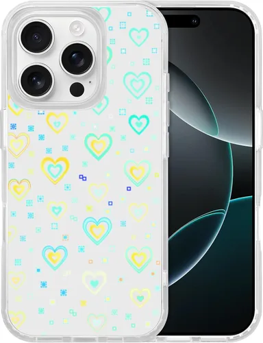 Vista 6 de Jusy Compatible con iPhone 13 Pro, funda holográfica con diseño de corazón iridiscente y transparente Kawaii para mujer, diseño de arco iris