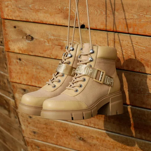 Vista 6 de REDTOP Botas de combate para mujer con suela de lengüeta gruesa, botas de tobillo con cordones y hebilla casual