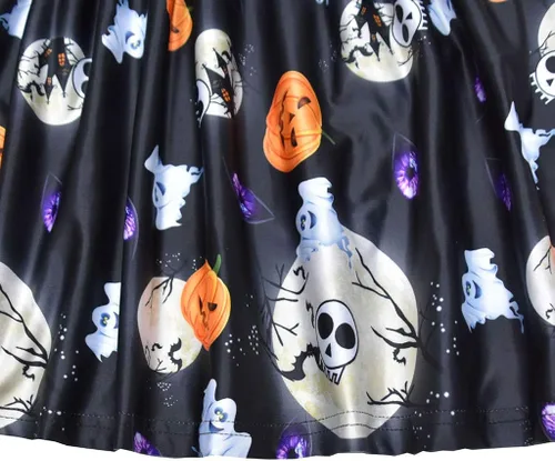 Vista 5 de Mini vestido de Halloween para niñas pequeñas, con volantes y manga corta, estampado de calabaza, acampanado, mini vestido de falda para otoño