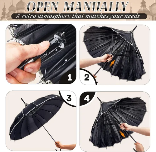Vista 4 de Parasoles góticos grandes para protección solar, 4 unidades, sombrilla gótica con mango largo para protección contra rayos UV para mujer