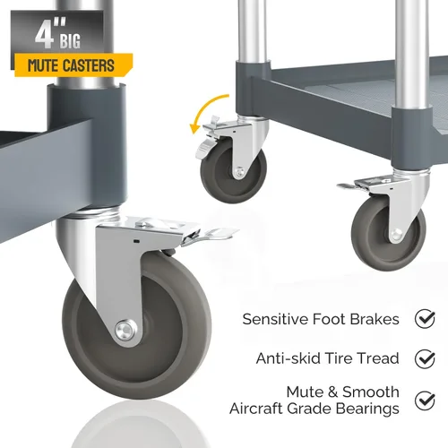 Vista 11 de TUFFIOM Carrito de servicio de plástico de 3 niveles con ruedas, resistente capacidad de 390 libras, rodante comercial, ideal para restaurantes