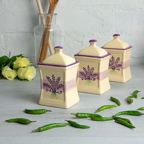Vista 3 de City to Cottage® Patrón lavanda morado y crema Hecho a mano Cocina pequeña de cerámica de 5.3 onzas / 5.1 fl oz Especias de hierbas Juego