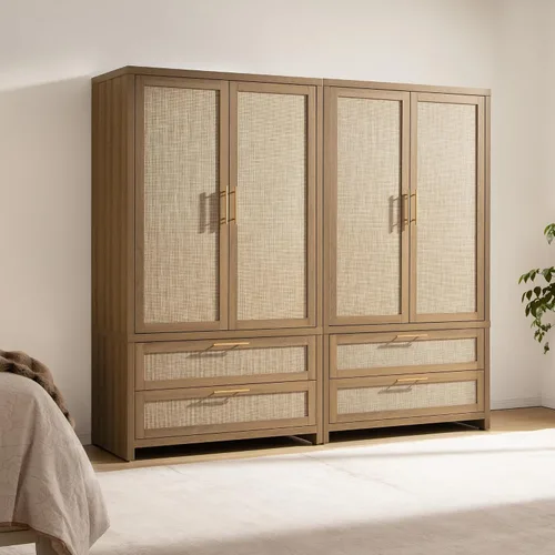 Vista 13 de SICOTAS Armario Ropero Gabinete de Ratán, Gabinete de Almacenamiento de 71" con Puertas, 2 Cajones y Barra Colgante, Organizador de Ropa Boho Roble