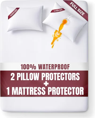 Vista 11 de Juego de protectores de colchón 100% impermeables con 2 fundas de almohada, tamaño King Incluye funda de colchón elástica de tamaño King