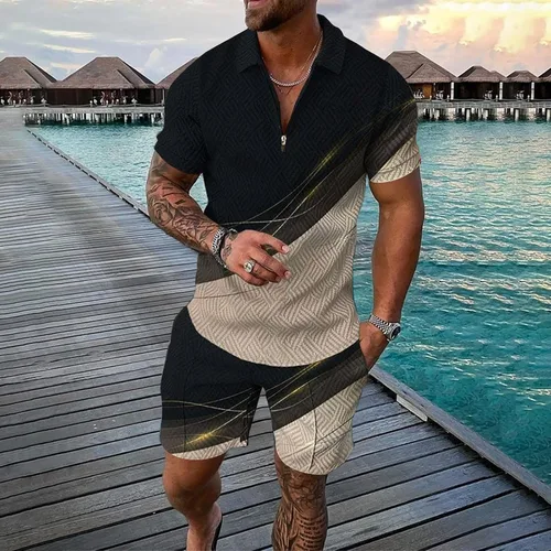 Vista 2 de Conjunto corto de 2 piezas para hombre, conjunto deportivo de verano de manga corta, polo y pantalones cortos, conjunto casual y elegante para correr