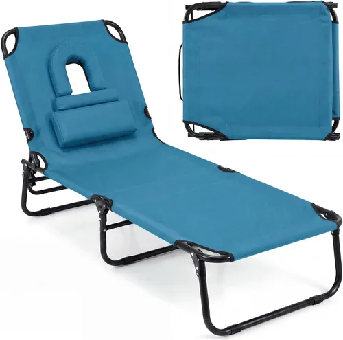 Vista 10 de Tangkula Sillón de playa, reclinable plegable para tomar el sol con agujero frontal, silla de bronceado boca abajo con respaldo ajustable de 4 Beige