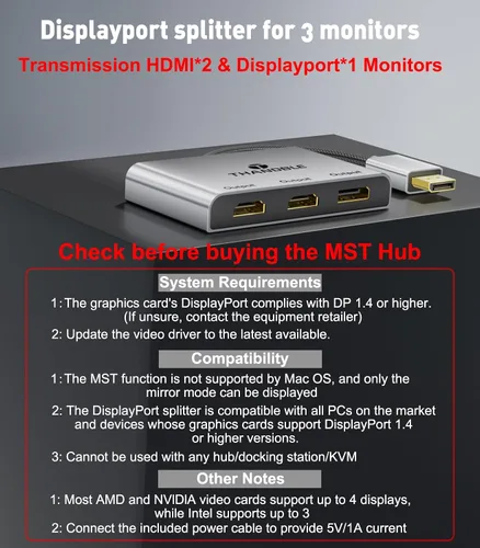 Vista 5 de DisplayPort a HDMI dual con adaptador DP (4K @60Hz) Pantalla extendida 1 en 3 salidas MST Hub para múltiples monitores compatible con tarjeta