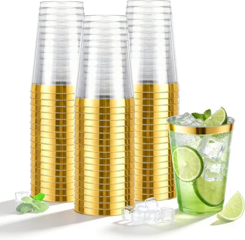 Vista 8 de N9R 100 vasos de plástico dorados de 12 onzas, purpurina dorada desechable, elegantes vasos de boda y fiesta