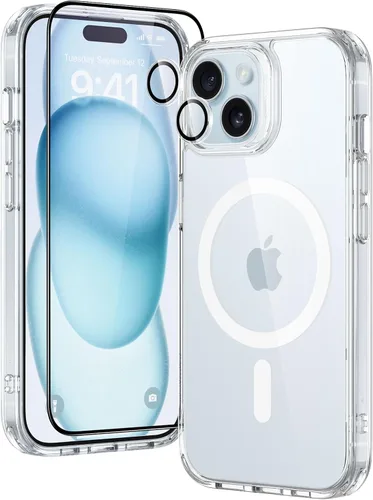 Vista 9 de ESR Serie Classic Juego de fundas para iPhone 15, 1 protector de pantalla de vidrio templado, 1 juego de protectores de lente, MagSafe, resistente
