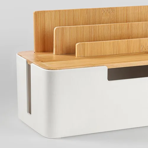 Vista 5 de Catekro Caja de organización de cables con tapa de bambú, soporte para teléfono celular, tableta, enchufe de almacenamiento de cables de datos Negro
