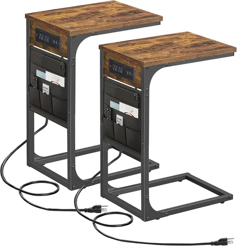 Vista 23 de TUTOTAK - Mesa auxiliar en forma de C, mesa lateral para sofá, mesa de sofá con bolsa de almacenamiento, bandeja para TV para sala de estar, Negro