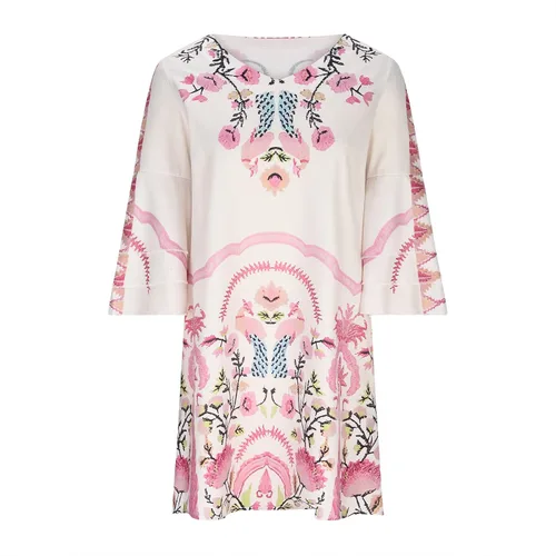 Vista 4 de Vestido de verano para mujer 2023, dulce y lindo cuello en V, manga acampanada, vestido corto suelto de manga 34 con vuelo floral