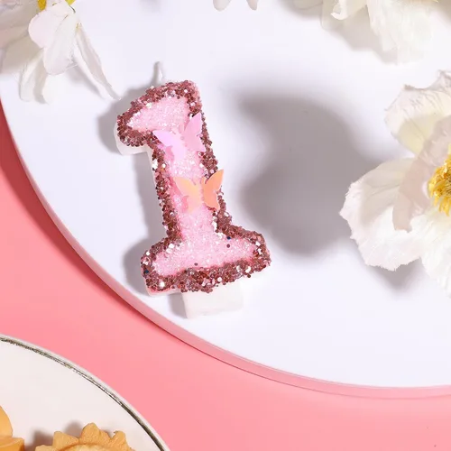 Vista 3 de Velas de números de cumpleaños, velas de números con purpurina de 2.95 pulgadas con complemento de mariposa, velas de números rosas con lentejuelas
