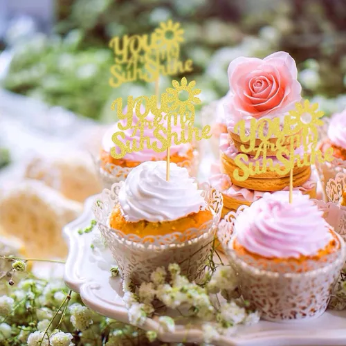 Vista 5 de 24 adornos dorados con purpurina para cupcakes con texto en inglés "You are My Sunshine", para baby shower, baby shower, revelación de género