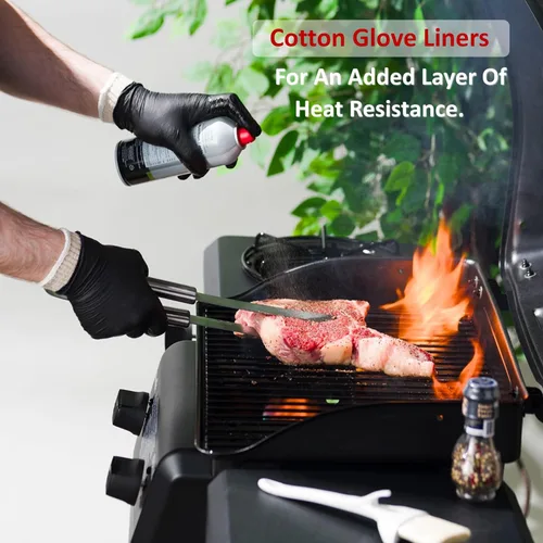 Vista 5 de Guantes para barbacoa, 2 forros de guantes de algodón y 50 desechables de nitrilo para cocinar, hornear, asar a la parrilla, forros de algodón
