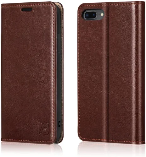 Vista 28 de Belemay Funda tipo cartera compatible con iPhone 8 Plus, de piel de vaca auténtica, funda tipo folio (funda interior de TPU suave), ranuras
