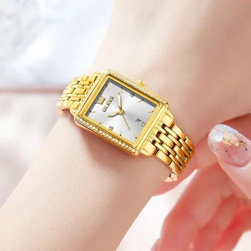Vista 2 de OLEVS Reloj de mujer de oro de acero inoxidable, reloj de cara cuadrada pequeña con decoración de diamantes, reloj de vestir de cuarzo analógico