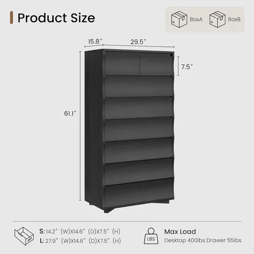 Vista 10 de Cómoda alta negra para dormitorio, cómoda de 61.1" de alto con 8 cajones, cómodas de madera y cómodas con cajones, organizadores de cajones Negro