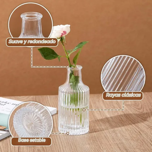 Vista 5 de Juego de 12 mini jarrones pequeños para flores a granel de vidrio acanalado jarrones para centro de mesa, mesa decorativa, boda, recepción, regalo