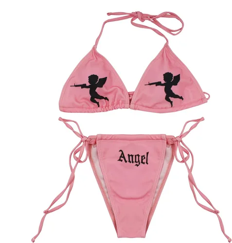 Vista 27 de AIBEARTY Traje de baño de dos piezas con estampado de calaveras para mujer, conjunto de bikini triangular de corte alto para fiesta, festival