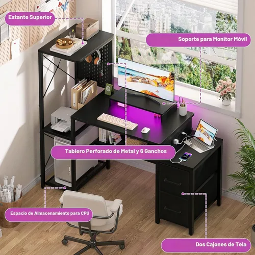Vista 4 de Escritorio pequeño para juegos con 2 cajones de tela, escritorio reversible para computadora con toma de corriente y luces LED, escritorio