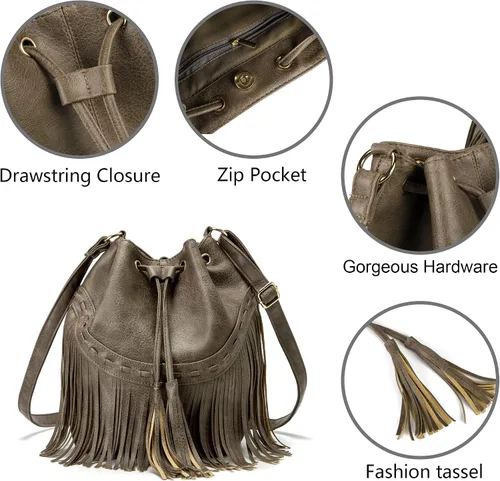 Vista 5 de Bolsos de cuero para mujer, bolsos cruzados con flecos con cordón para mujer, borla y bolsos de hombro